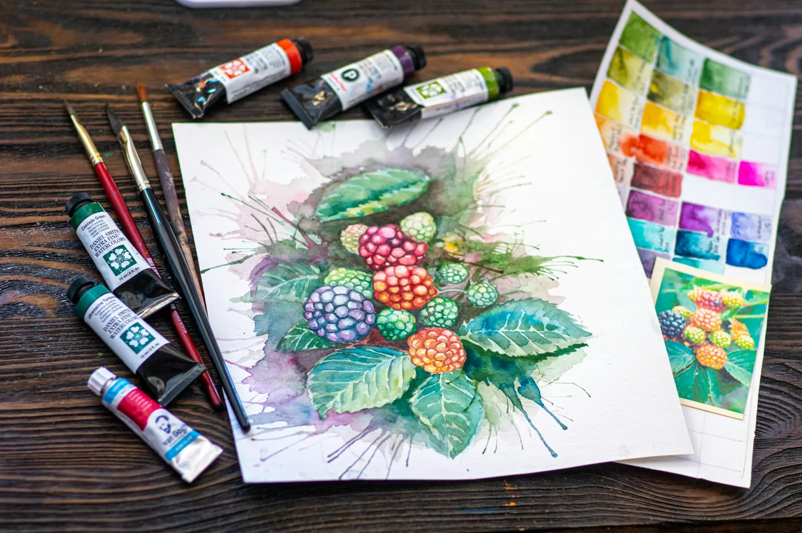 Acuarela de unas moras recién pintada, con tubos de pintura y pinceles sobre una mesa de madera