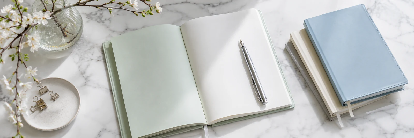 Cuaderno abierto sobre mármol junto a flores y una pila de libretas