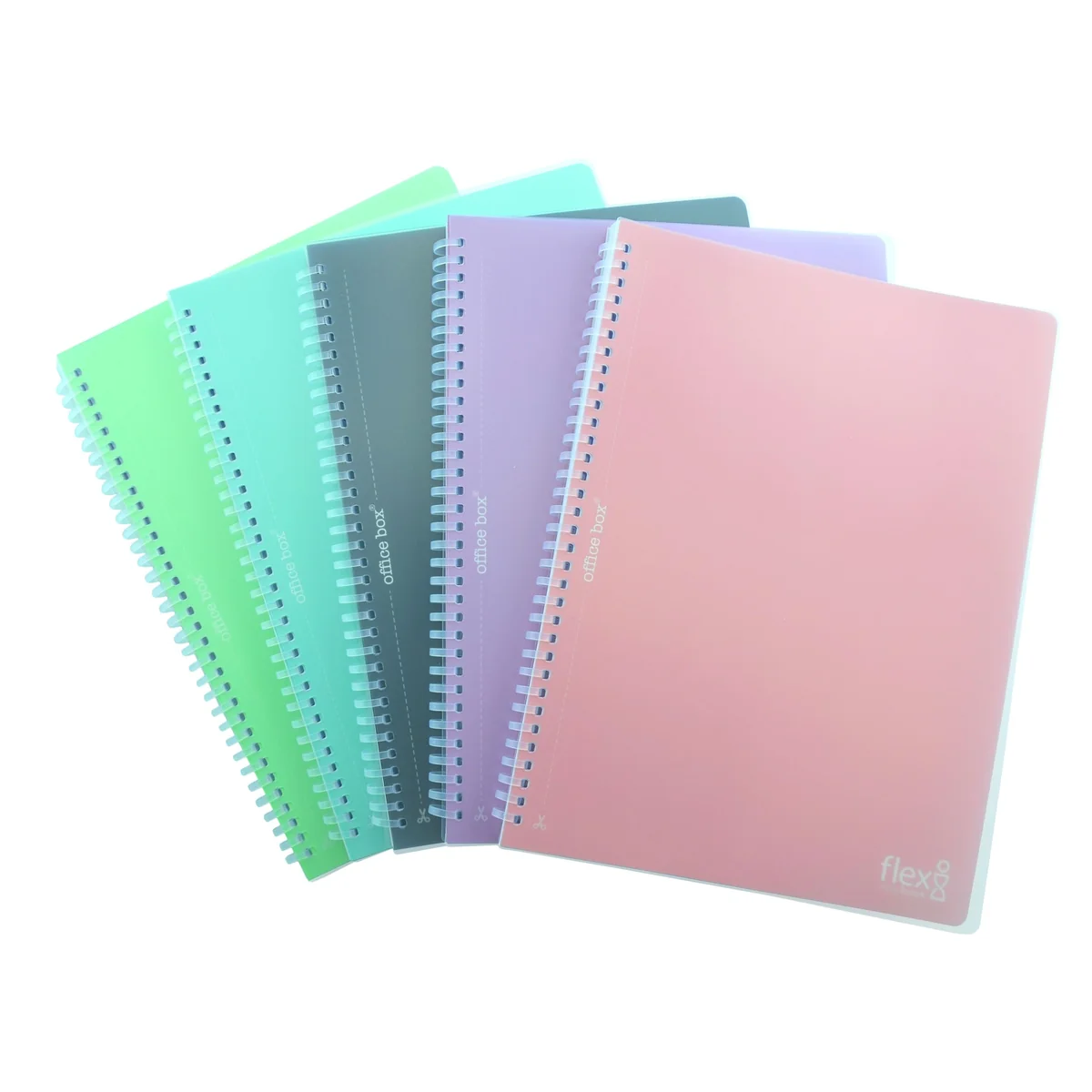 office box, Pack 5 Cuadernos Flexi A4 (29.7 x 21 cm) - Portadas y Espiral en Polipropileno, 80 Hojas con pre-corte+taladros para archivar, Surtido 5 Colores. (5 Colores - 5 UD - Tamaño A4)
