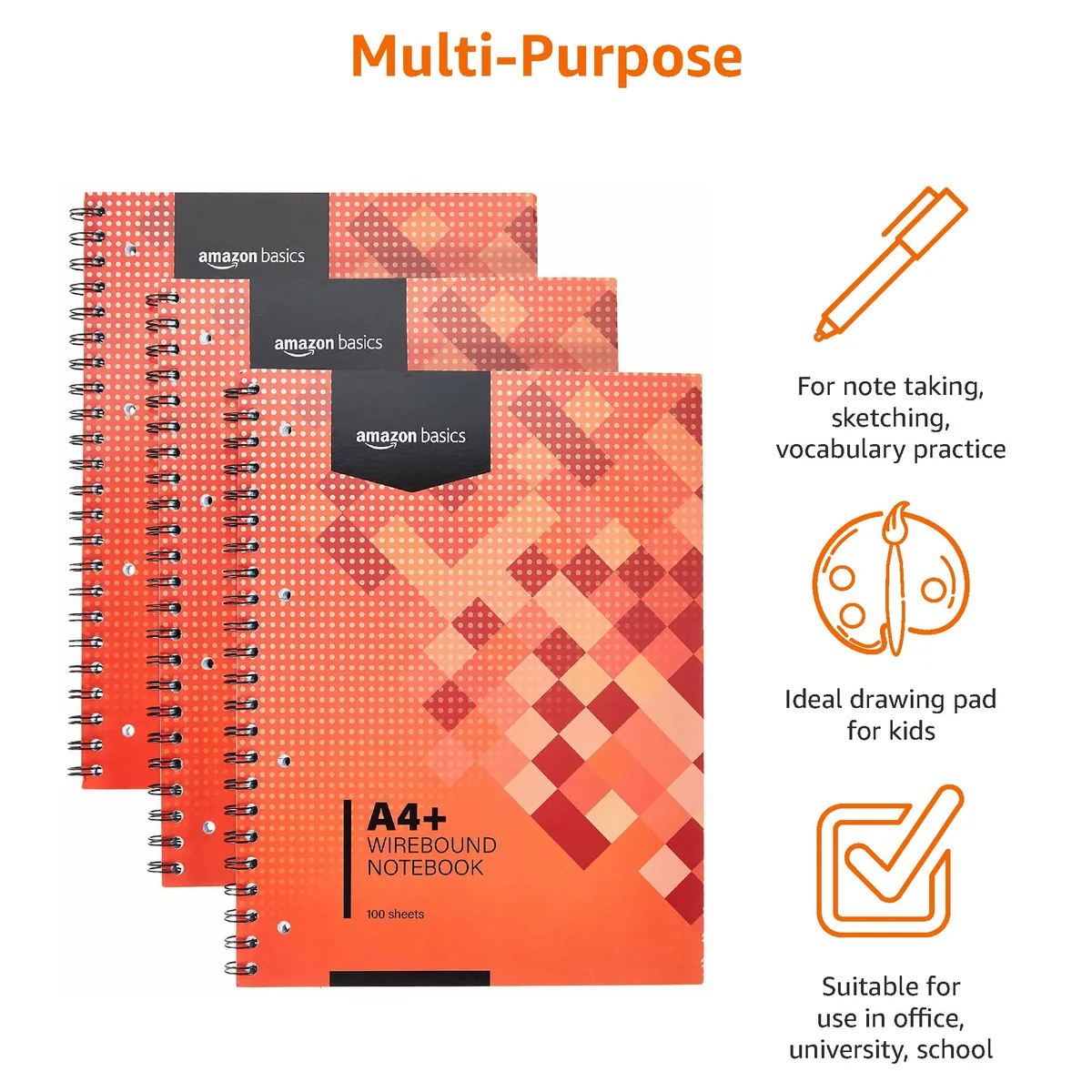 Amazon Basics Cuaderno espiral, 100 hojas, 200 páginas A4+, 80 GSM, paquete de 3, Rojo