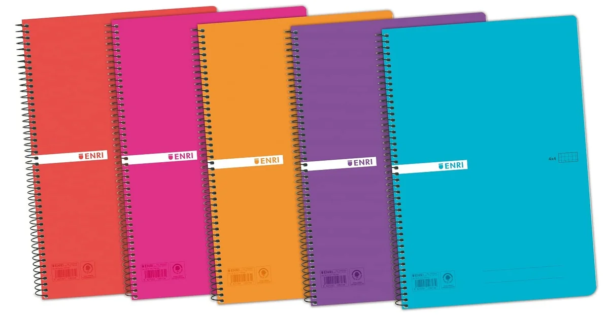 Enri Cuadernos A4 (Folio) 5 Unidades, Tapa plástico,80 Hojas Cuadrícula 4x4