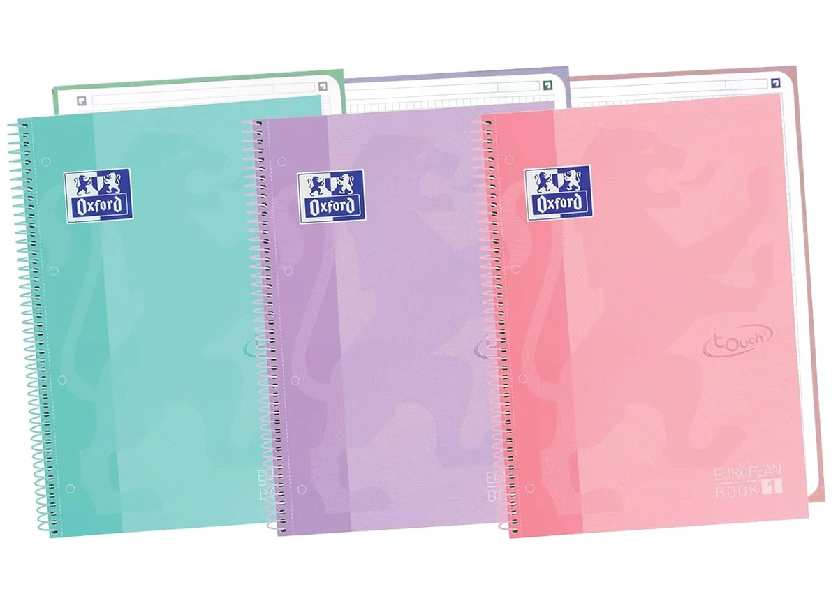 Oxford , Cuadernos A4, Pack de 3 Libretas A4 Microperforadas Europeanbook 1, Tapa Extradura, Espiral, A4+, Cuadrícula 5x5, Colores Pastel