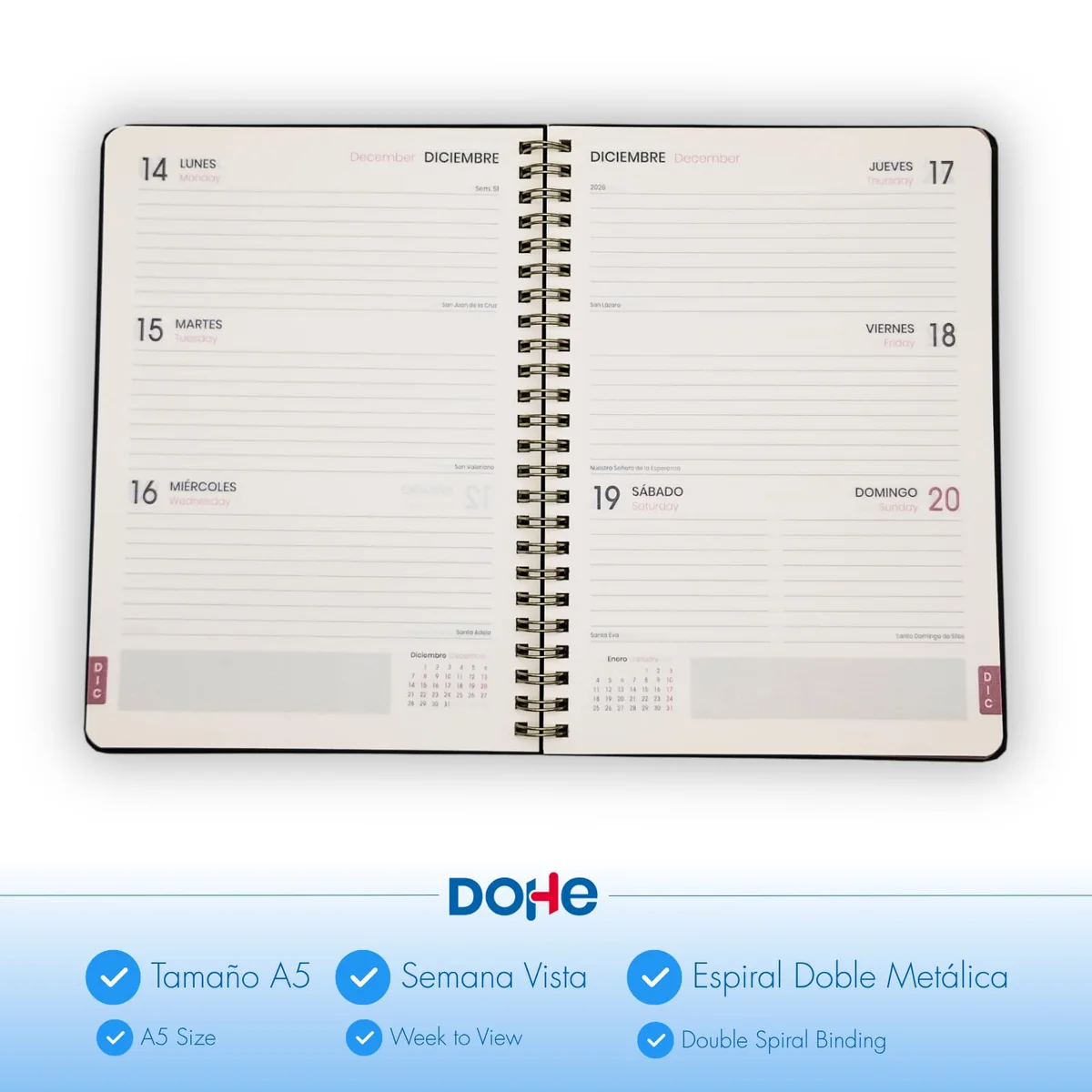 Dohe - Agenda Escolar 2026 2027 - Septiembre a Junio, Semana Vista, A5 (15x21 cm), Tapa Dura Suave, Espiral Doble, Cierre con Goma Elástica, 2 Páginas de Pegatinas, Español e Inglés - Wild