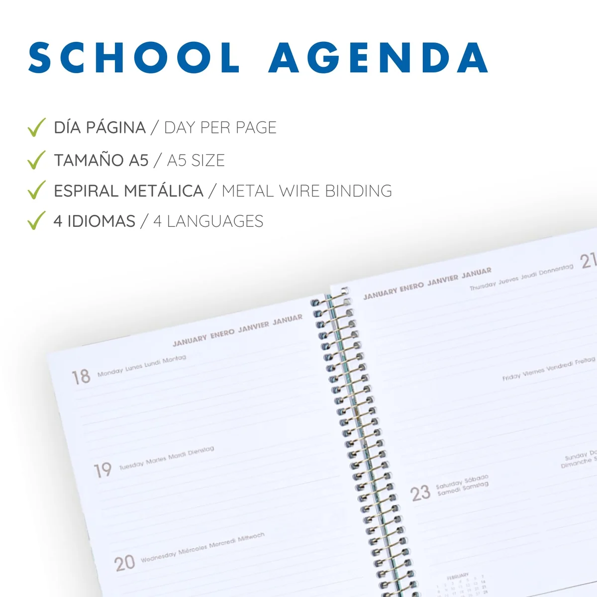 Q Kalon - Agenda Escolar 2026 2027 - Septiembre a Junio, Semana Vista, A5 (15x21 cm), Idiomas ESP, ING, FRA y ALE, Tapa Dura, Cierre de Espiral y Goma, Con Pegatinas - Duquesa