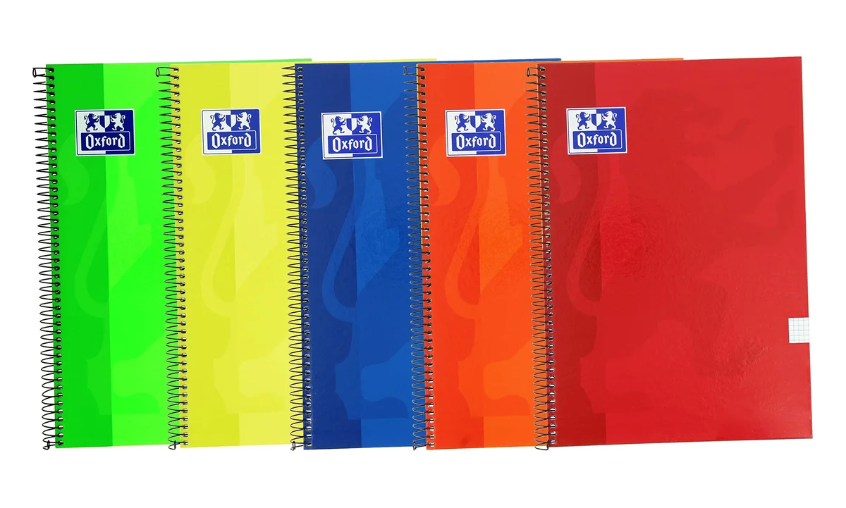 Oxford, Cuadernos A4 (Folio), Cuadrícula 4x4 Tapa Extradura, 80 Hojas. Pack 5 Libretas, Colores Surtidos Vivos