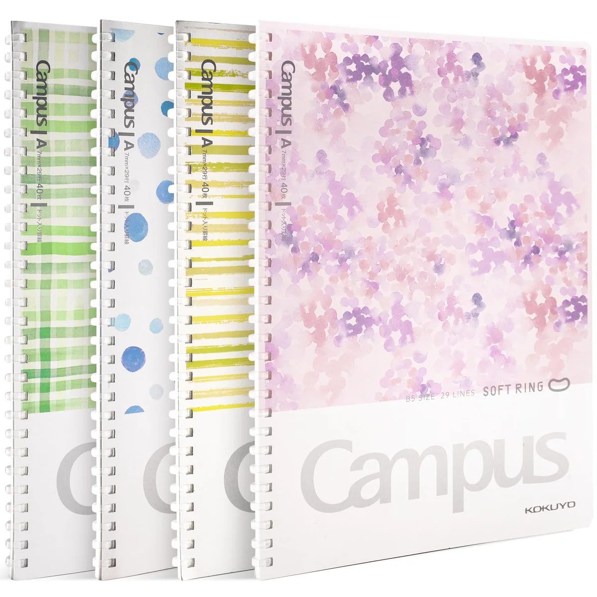 Kokuyo Cuaderno en espiral, 4 cuadernos Campus B5 de anillo suave con punteado A regla de 7 mm, 40 hojas, cuaderno estético de 1 materia en azul, rosa, amarillo y verde, toma de notas de oficina
