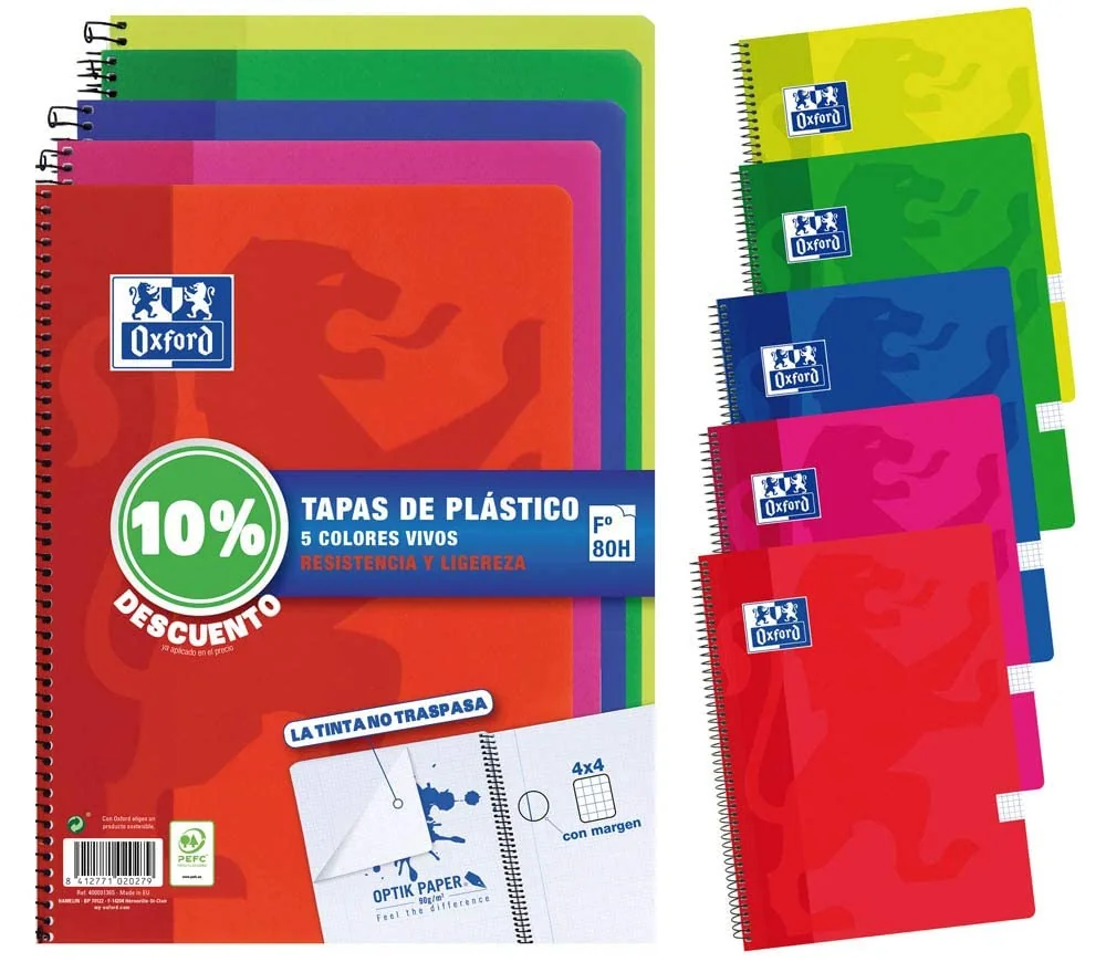 Oxford Cuadernos A4 , Tapa Plástico, 80 Hojas, Cuadrícula 4x4, Pack 5 unidades, Surtido colores vivos