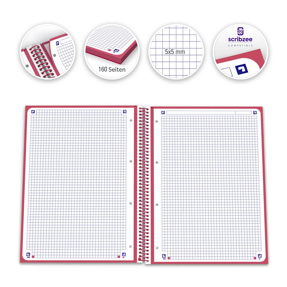 Oxford, Cuaderno A4, cuadricula 5x5, tapa extradura, microperforado, libreta A4 Europeanbook 1, color rojo