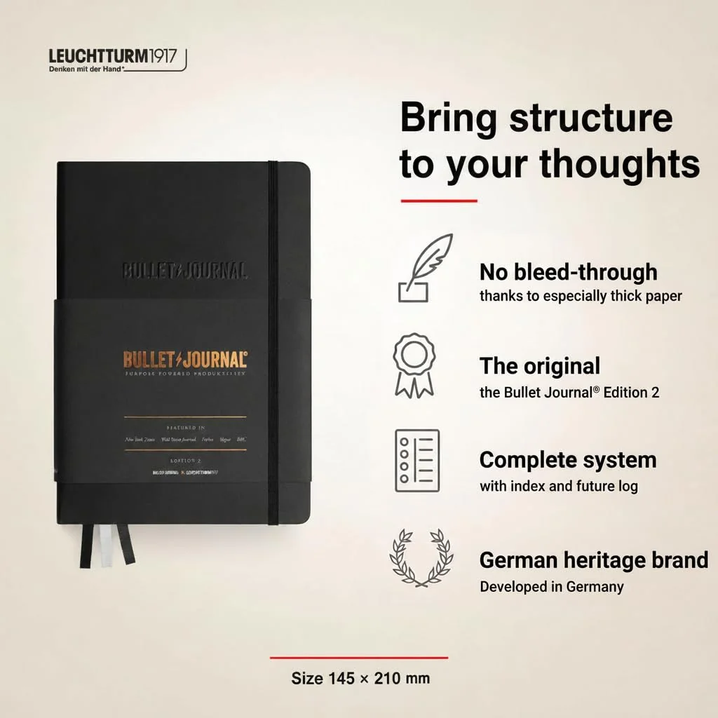 LEUCHTTURM1917 363572 Bullet Journal Edition 2, Medium A5, Tapas duras, 206 páginas numeradas, papel de 120 g/m², libreta ideal para bullet journaling, con guía de bolsillo BuJo (Negro)