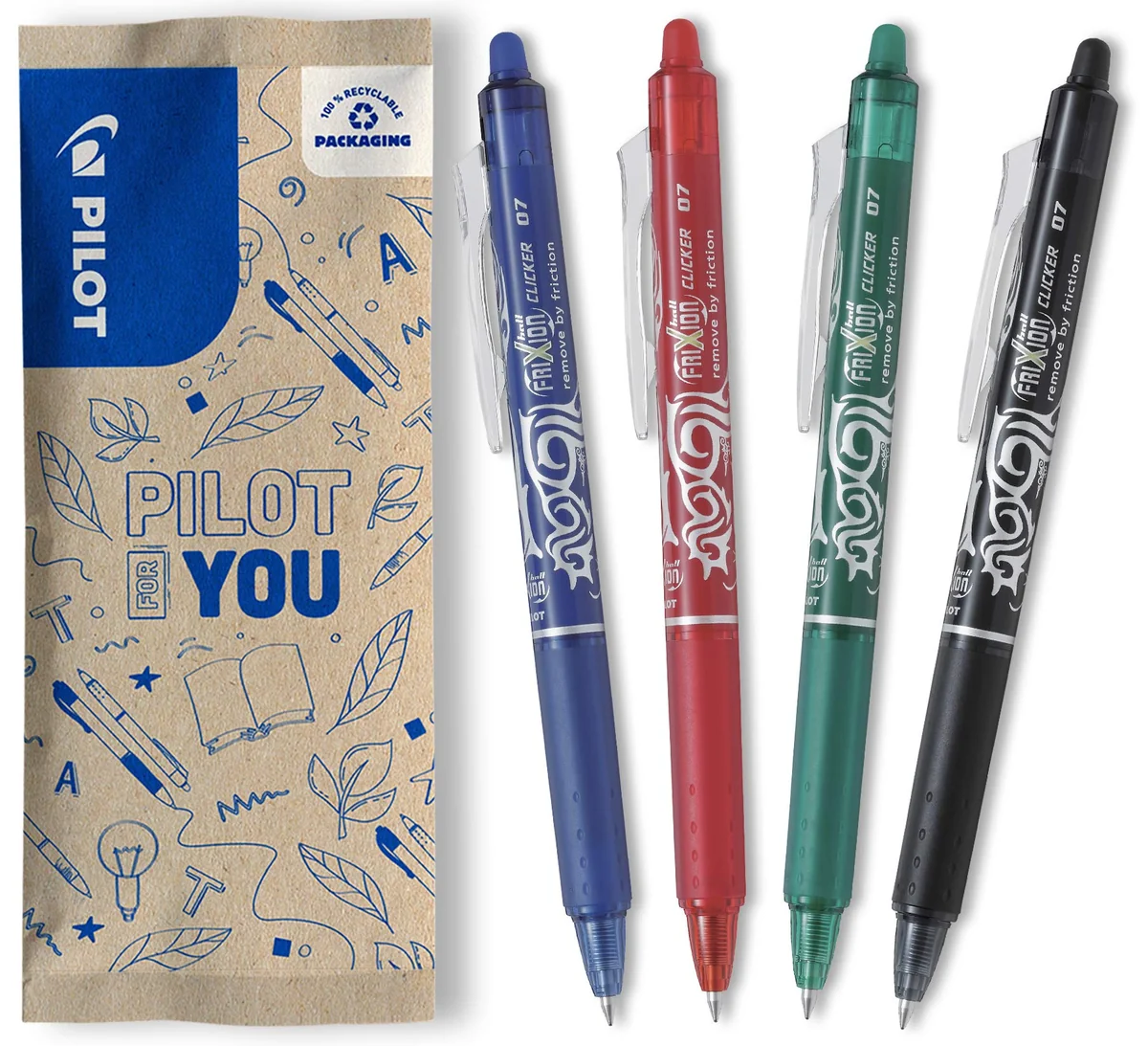 PILOT - Pack de 4 bolígrafos FriXion Ball Clicker 07 - Bolígrafos borrables con tinta termosensible - Bolígrafo roller retráctil y recargable - Negro, azul, rojo y verde - Punta media