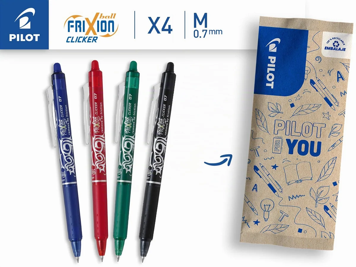 PILOT - Pack de 4 bolígrafos FriXion Ball Clicker 07 - Bolígrafos borrables con tinta termosensible - Bolígrafo roller retráctil y recargable - Negro, azul, rojo y verde - Punta media