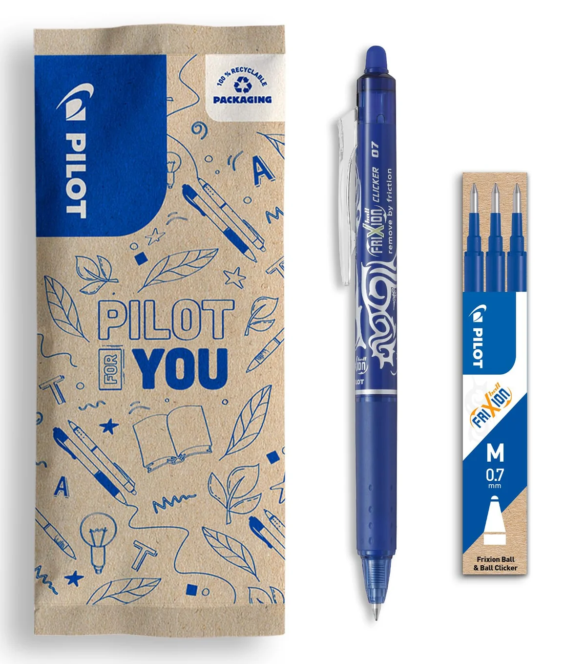 PILOT - Caja de 1 FriXion Ball Clicker + 1 Set de 3 Recambios - Bolígrafo Retráctil Borrable con Tinta Termosensible - Rollerball Recargable y Ergonómico - Azul - Punta Media