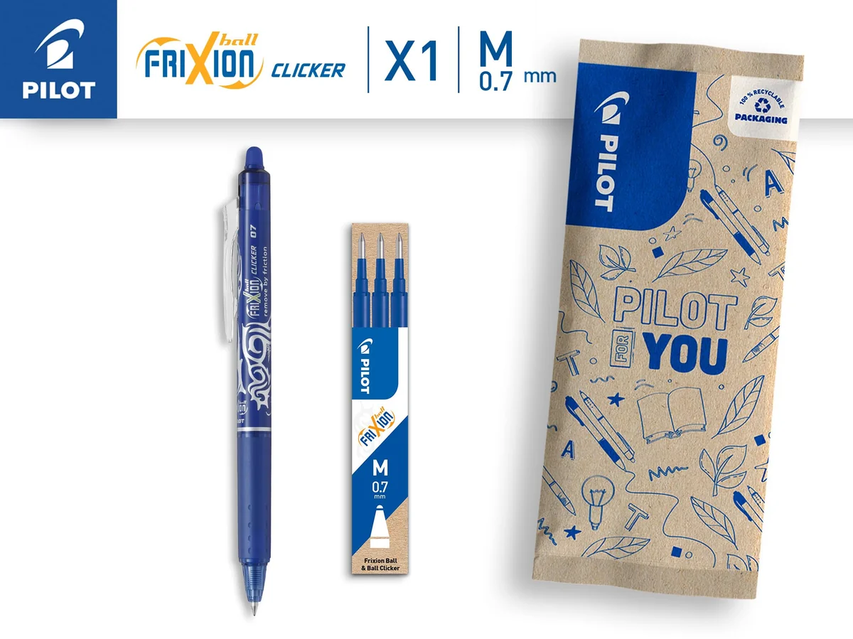 PILOT - Caja de 1 FriXion Ball Clicker + 1 Set de 3 Recambios - Bolígrafo Retráctil Borrable con Tinta Termosensible - Rollerball Recargable y Ergonómico - Azul - Punta Media