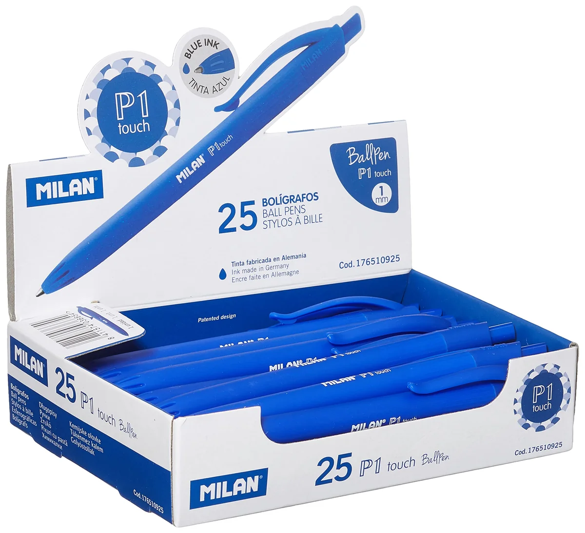 MILAN® Caja expositora 25 bolígrafos P1 touch azul