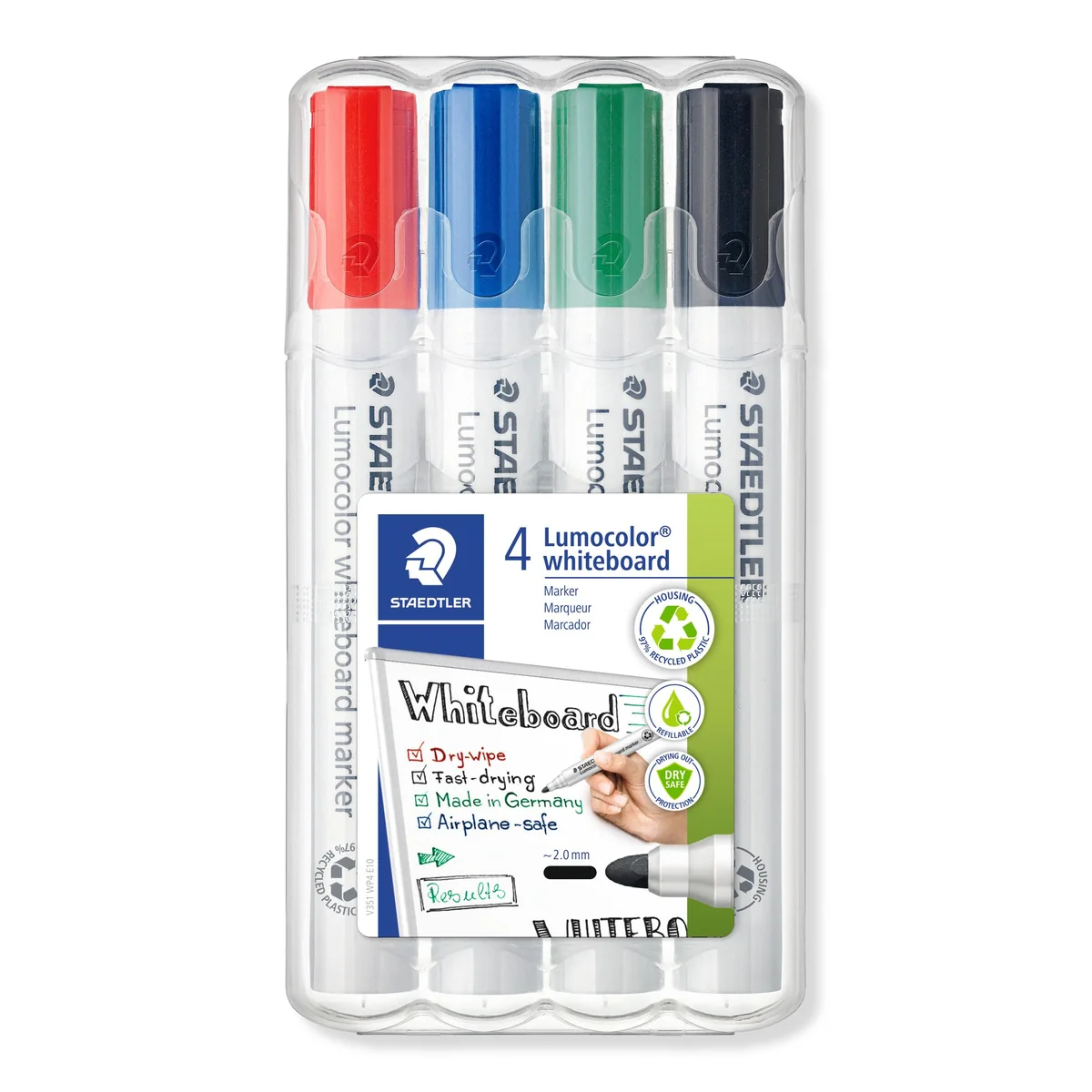 Staedtler 351 WP4 - Rotuladores para pizarra blanca Lumocolor, inodoro, secado rápido y recargable, paquete de 4 colores