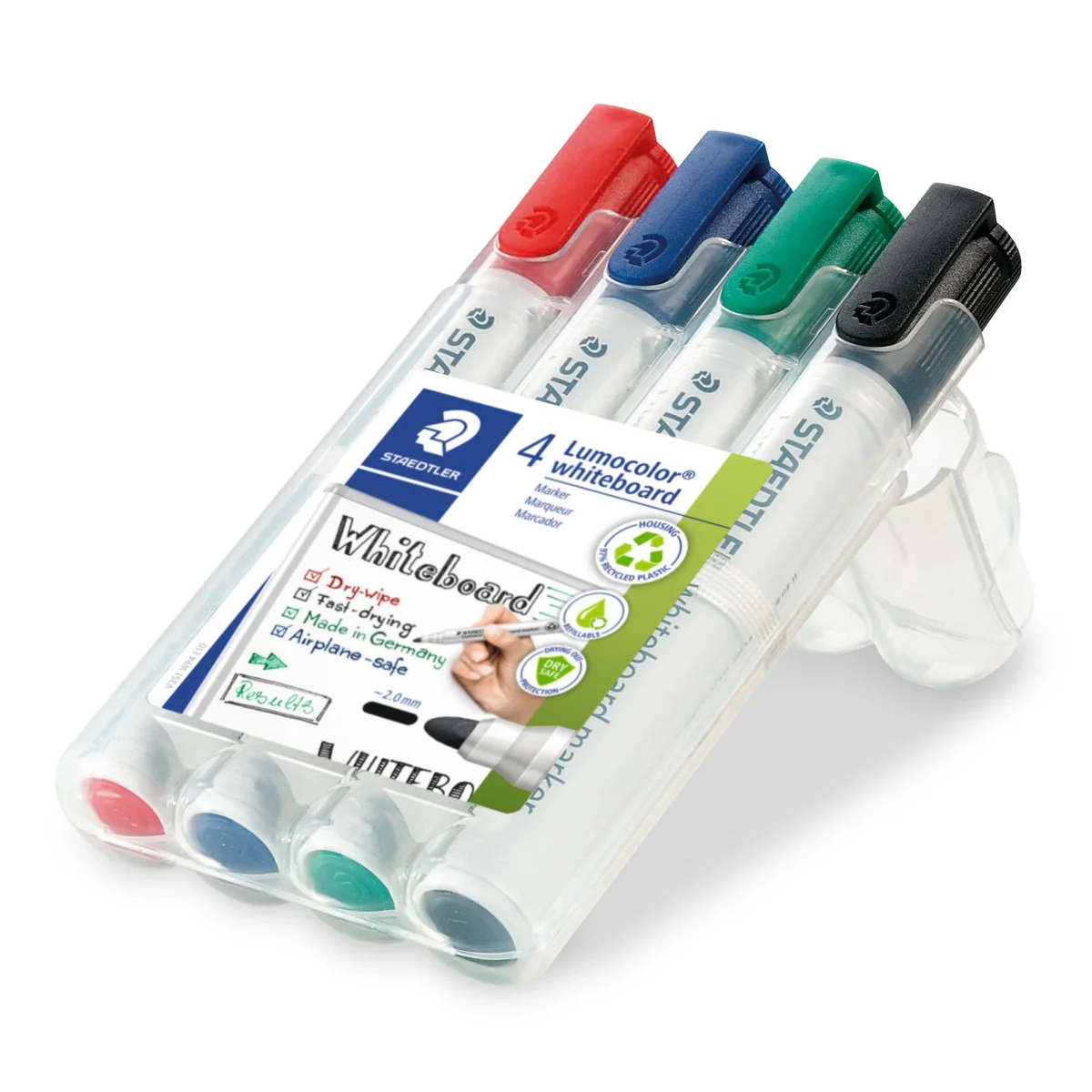 Staedtler 351 WP4 - Rotuladores para pizarra blanca Lumocolor, inodoro, secado rápido y recargable, paquete de 4 colores