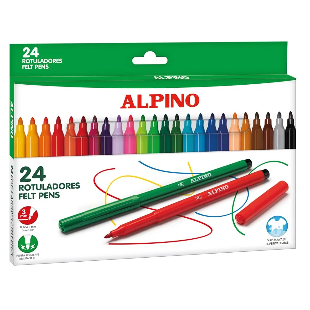 Alpino 24 Rotuladores de Colores Brillantes | Rotulador de Punta Resistente de 3mm para Colorear | Tinta Súper Lavable y de Larga Duración | Estuche de Rotuladores | Material Escolar
