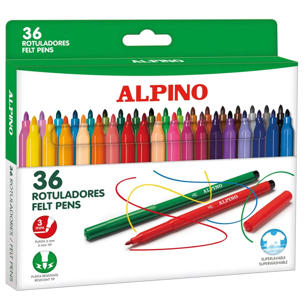 Alpino 24 Rotuladores de Colores Brillantes | Rotulador de Punta Resistente de 3mm para Colorear | Tinta Súper Lavable y de Larga Duración | Estuche de Rotuladores | Material Escolar