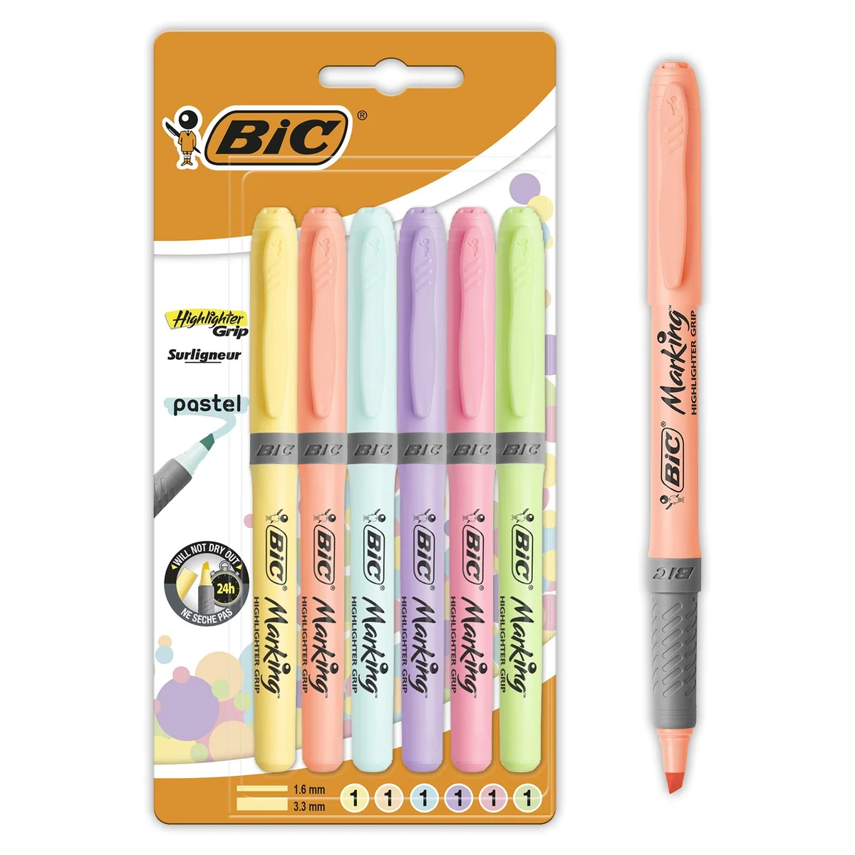 BIC Highlighter Grip Pastel Marcadores de Punta Biselada Regulable - Colores surtidos, Pack de 6 subrayadores pastel, Óptimo para Material Escolar y de Oficina