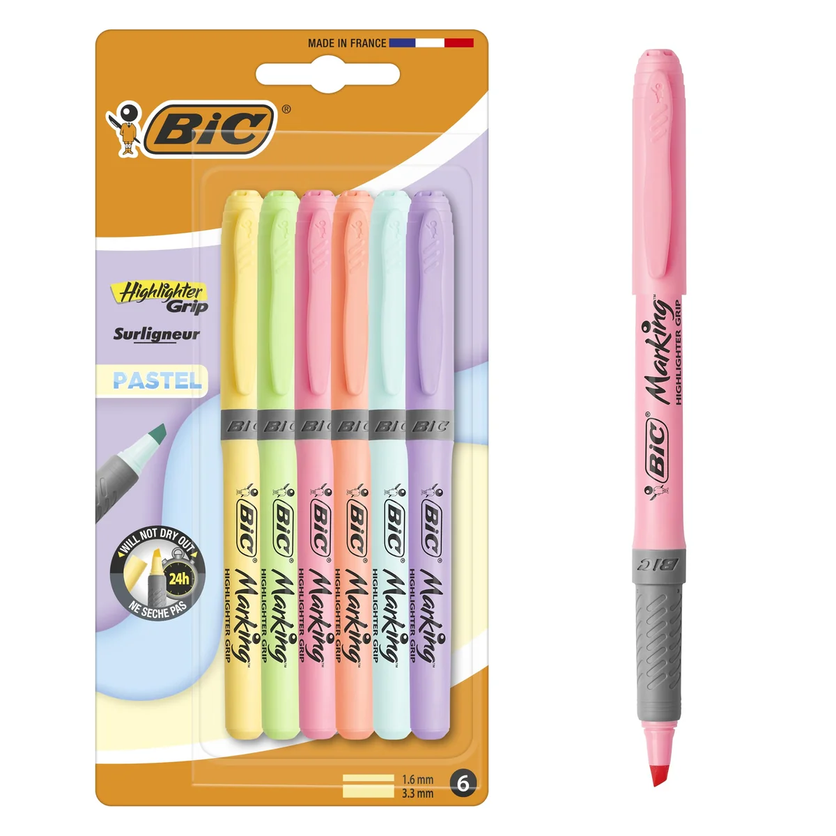 BIC Highlighter Grip Pastel Marcadores de Punta Biselada Regulable - Colores surtidos, Pack de 6 subrayadores pastel, Óptimo para Material Escolar y de Oficina