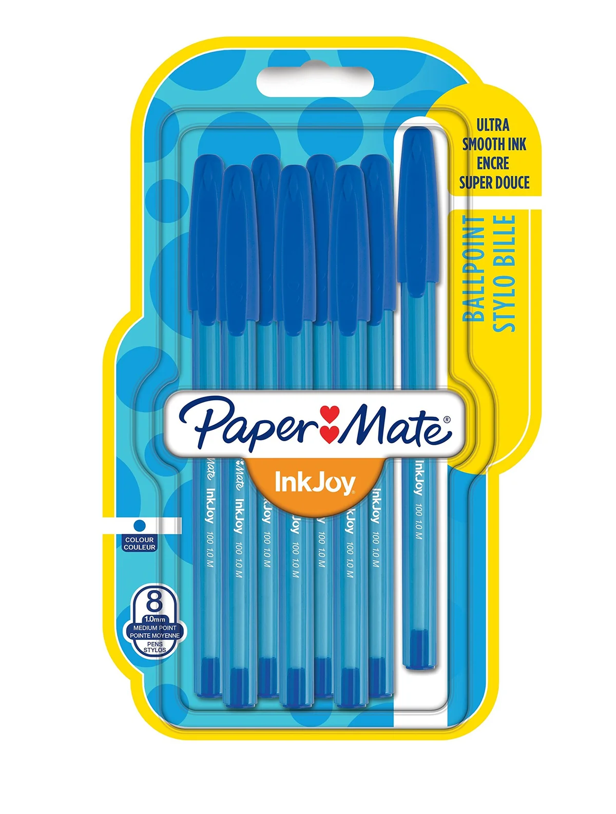 Paper Mate InkJoy 100 CAP, bolígrafo con capuchón, punta media de 1 mm, azul, paquete de 8 (1956744)