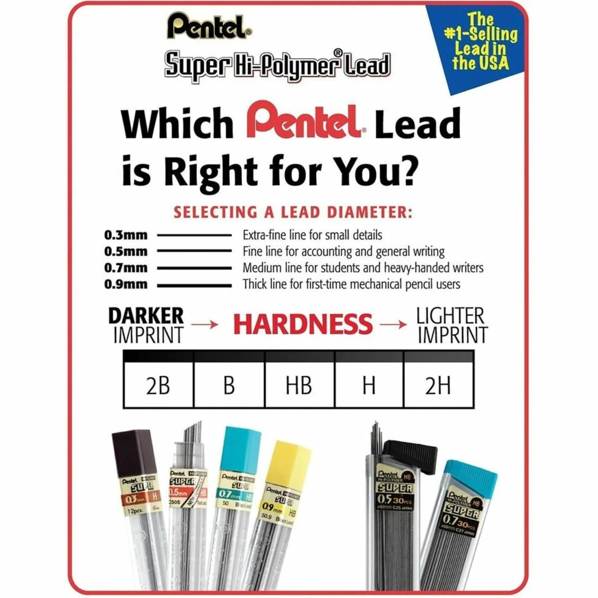 Pentel® Super Hi-Polymer® Minas de 0,5 mm, HB, 30 minas por tubo, paquete de 3 tubos