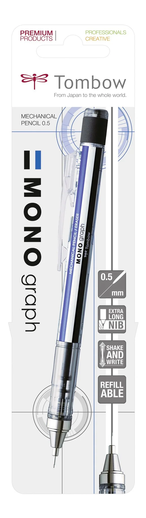 Tombow Mono Graph - Portaminas goma de borrar integrada, multicolor