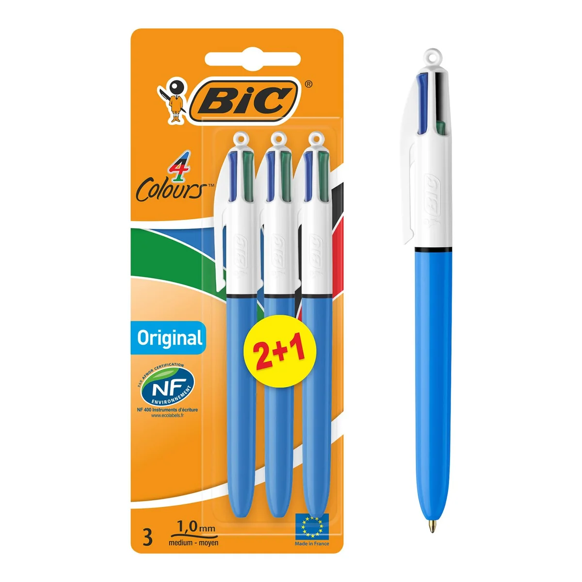 BIC 4 Colores Bolígrafos Retráctiles, Original, Colores Surtidos, Punta Media (1,0mm), Blíster de 3 Bolis, Color azul