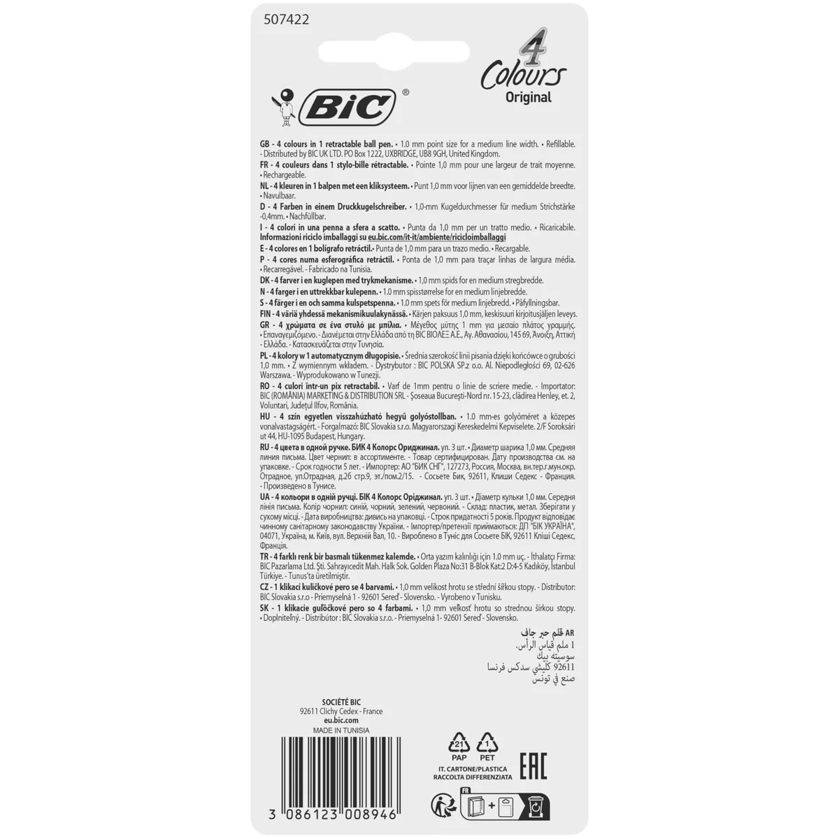 BIC 4 Colores Bolígrafos Retráctiles, Original, Colores Surtidos, Punta Media (1,0mm), Blíster de 3 Bolis, Color azul