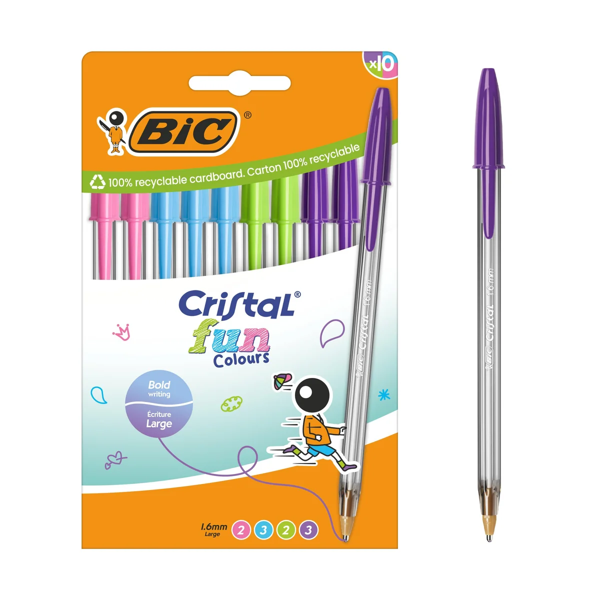 BIC Cristal Fun Colores Bolígrafos de Punta Ancha (1,6 mm) - Colores Surtidos, Pack de 10