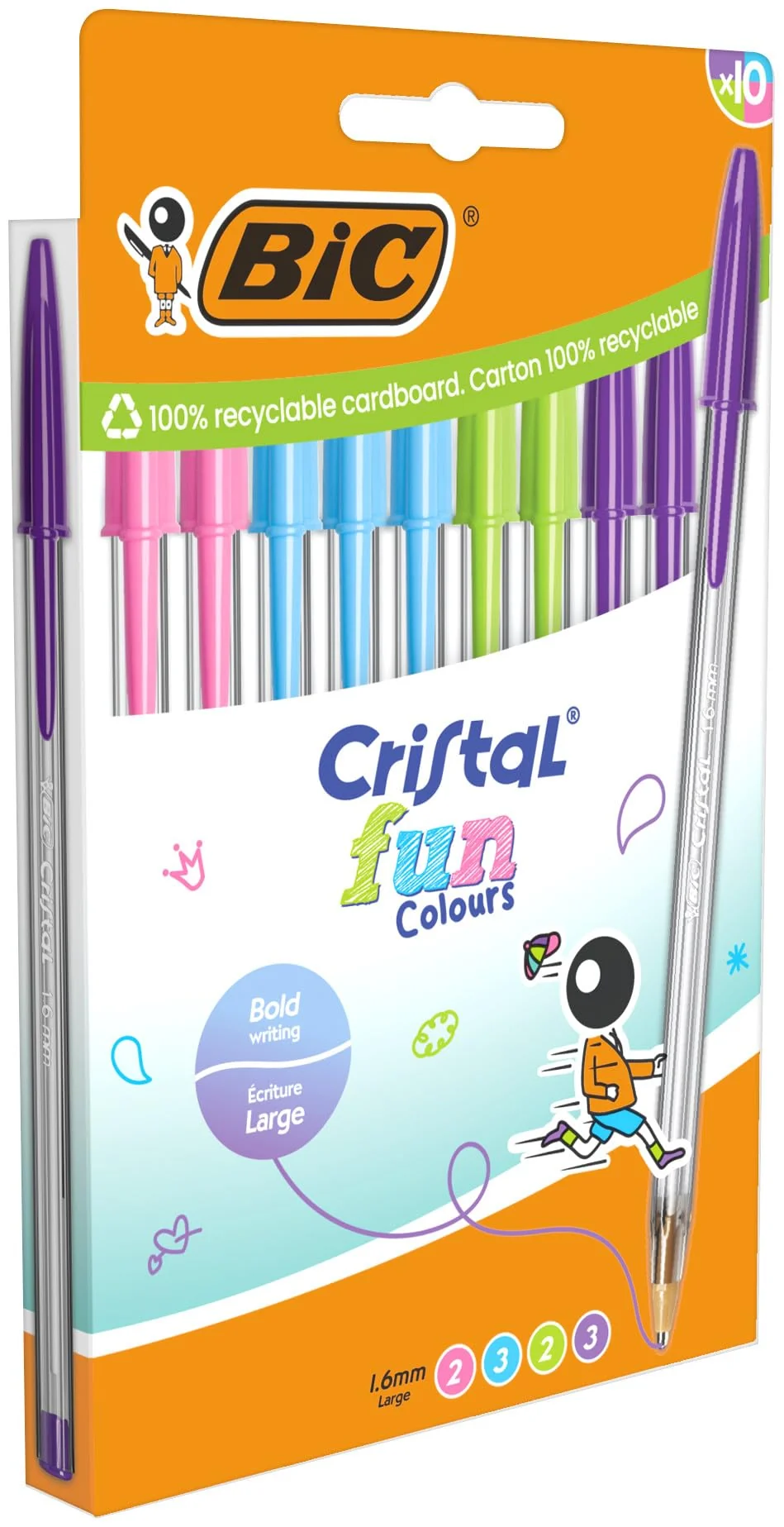 BIC Cristal Fun Colores Bolígrafos de Punta Ancha (1,6 mm) - Colores Surtidos, Pack de 10