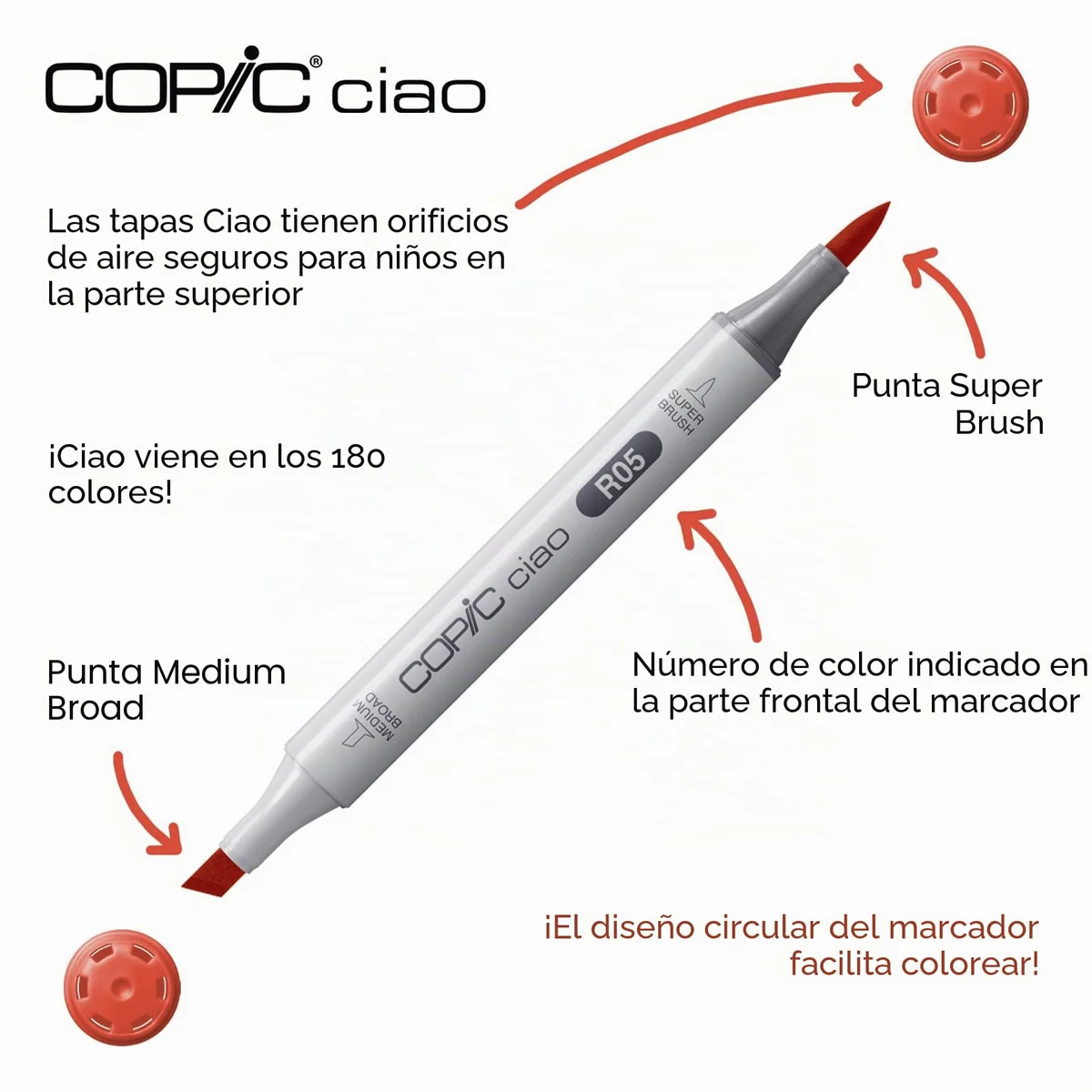 COPIC Ciao Set «Brights», 6 rotuladores dobles con punta mediana y punta de pincel