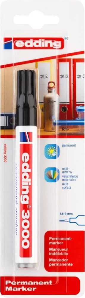 edding 3000 marcador permanente - negro - 1 rotulador - punta redonda 1,5-3 mm - indeleble de secado rápido - resistente al agua y a los borrones - cartón, plástico, madera, metal, tela