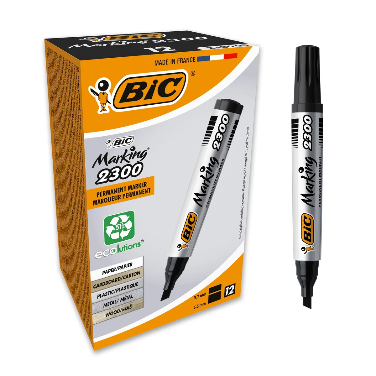 BIC Marking 2300 ECOlutions - Caja de 12 unidades, marcadores permanentes punta media biselada, color negro