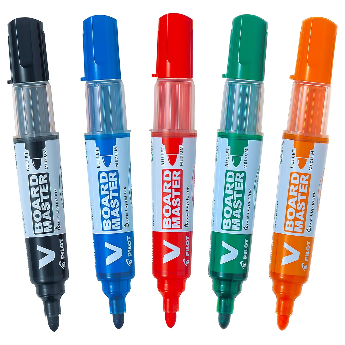 PILOT - Caja de 5 V-Board Master - Rotuladores pizarra blanca - Tinta borrado en seco - Recargable con tinta líquida colores intensos - Begreen - Negro, Azul, Rojo, Verde, Naranja - Punta Media