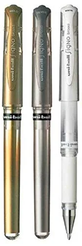 Uni Ball Color Varios Paquete Signo Bolígrafo Ancha Metálico Gel Rollerball Tinta Metal 1mm Punta 0.65mm Ancho de Línea con Goma Agarre UM-153 1 de Cada Color - Oro Plata Blanco - 3 Rotuladores)