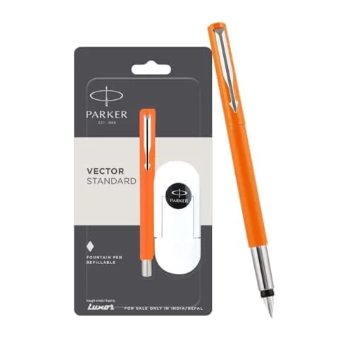 Parker Vector estándar pluma estilográfica punta fina de acero inoxidable), acabado en cromo), cuerpo de color naranja cromado – con 3 gratis Cartuchos de tinta
