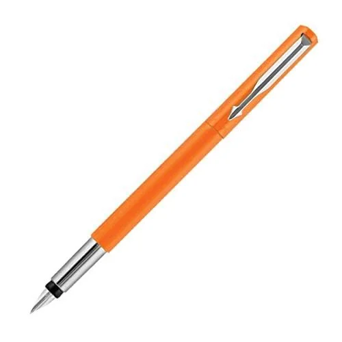 Parker Vector estándar pluma estilográfica punta fina de acero inoxidable), acabado en cromo), cuerpo de color naranja cromado – con 3 gratis Cartuchos de tinta