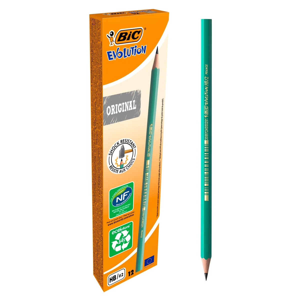BIC Evolution Original HB, lápices con mina irrompible, agarre firme, color gris, paquete de 12 unidades