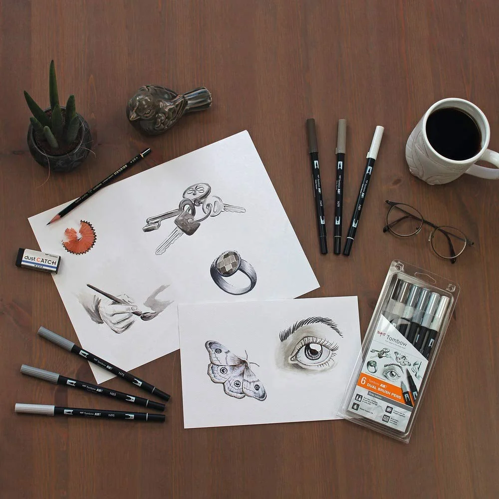Tombow - ABT Dual Brush | Estuche con 6 Rotuladores Acuarelables de Doble Punta en Colores Grises
