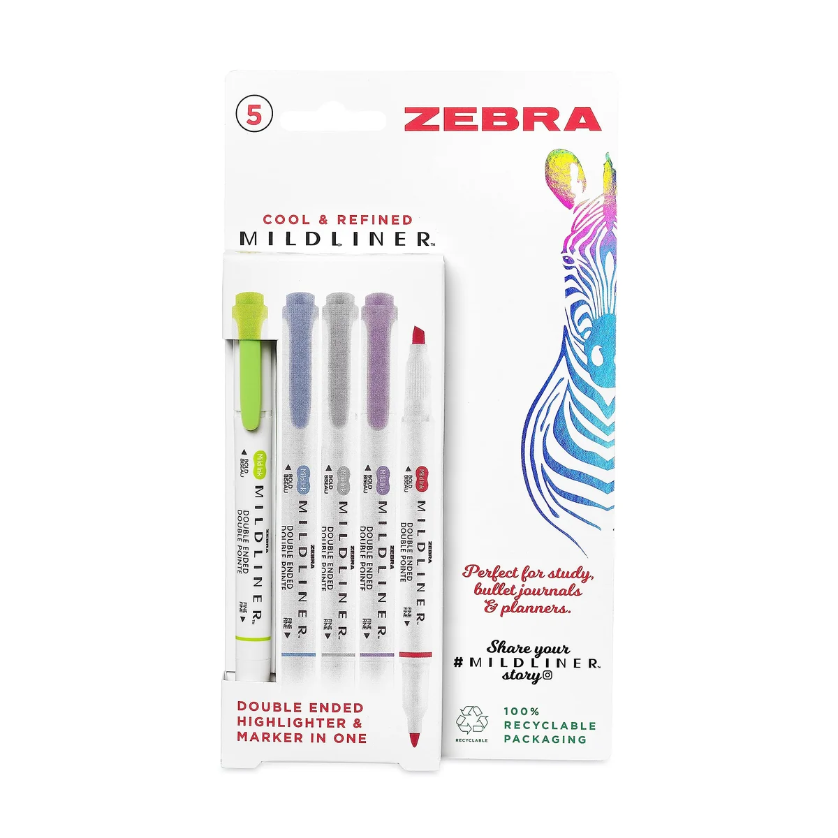 Zebra Pen MILDLINER - Rotuladores de doble punta, resaltadores pastel para adultos, marcadores y resaltadores de punta ancha y fina, bolígrafos de doble extremo, 5 unidades, colores frescos y
