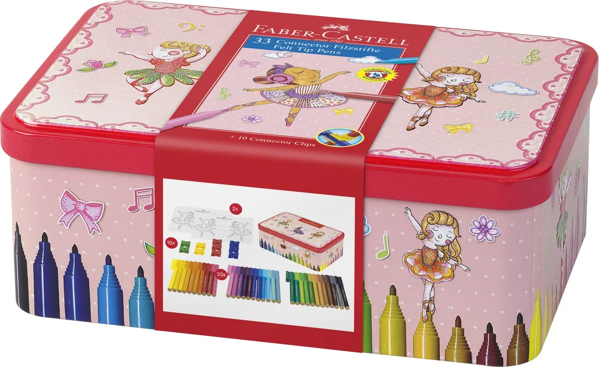 FABER-CASTELL 155534 - Set de rotuladores Connector Ballerina, caja metálica de 33 unidades, lavables, set de pintura para niños