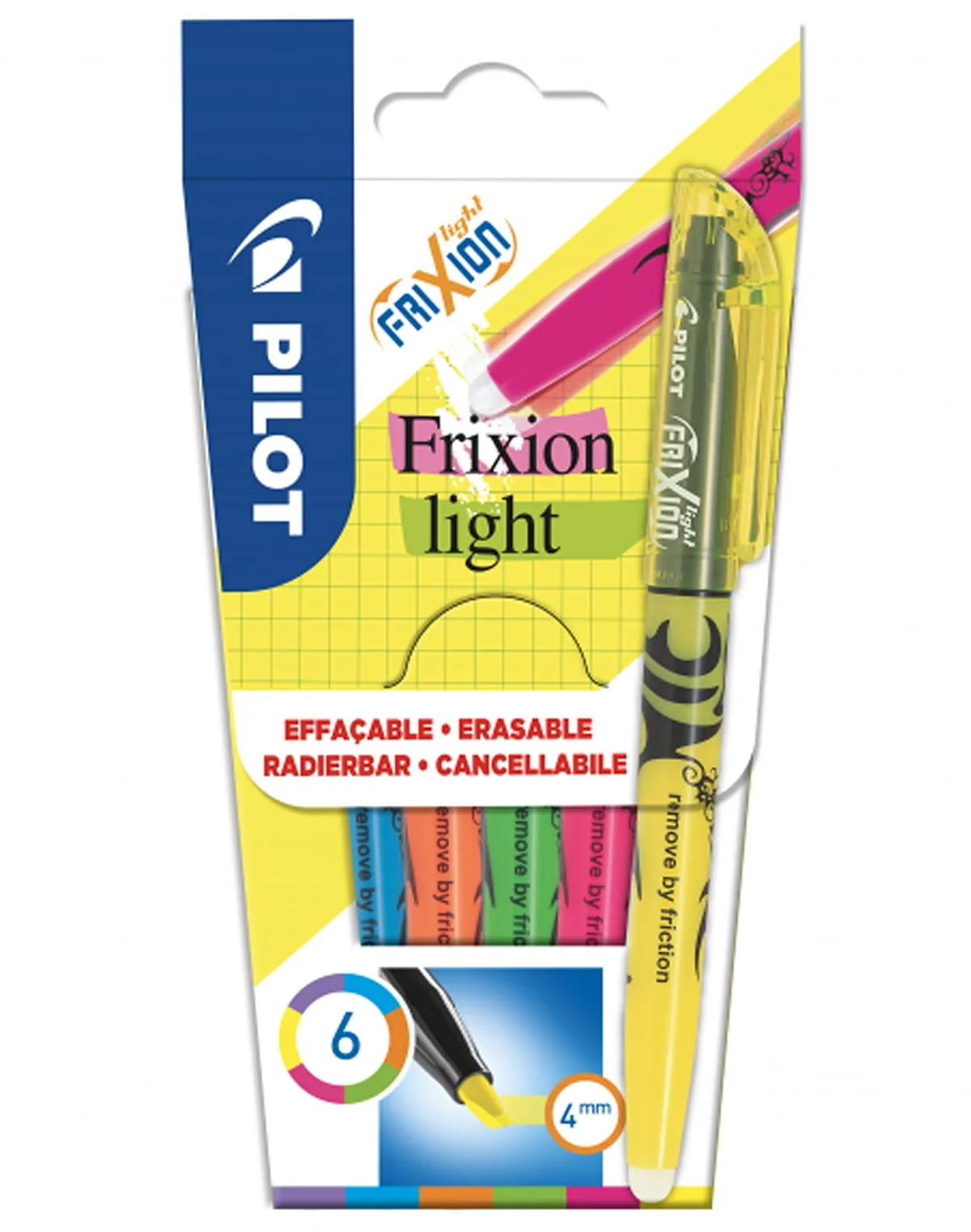 PILOT - Caja de 6 Frixion Light - Resaltadores Borrables en Colores Fluorescentes - 1 Amarillo, 1 Rosa, 1 Verde, 1 Azul, 1 Naranja, 1 Morado - Punta de Cincel - Trazos Finos o Anchos