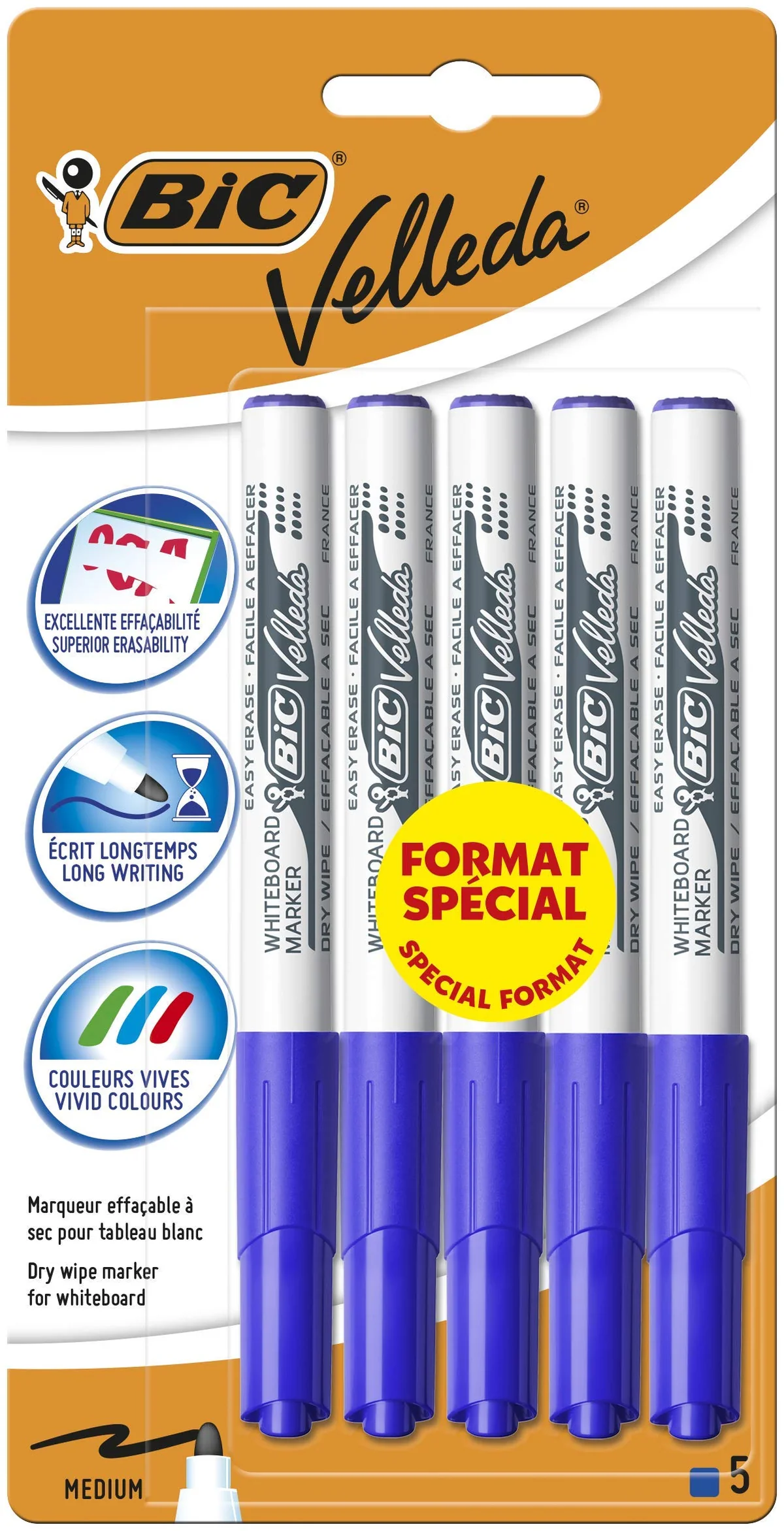 BIC Velleda 1741 - Rotuladores para pizarra blanca borrable en seco, punta cónica media - azul, formato especial de 5