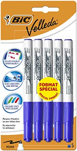 BIC Velleda 1741 - Rotuladores para pizarra blanca borrable en seco, punta cónica media - azul, formato especial de 5