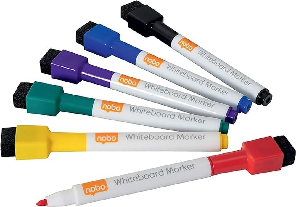 Nobo 1903792 - Mini Rotuladores Para Pizarra Blanca con Tapa de Borrador Magnética, Paquete de 6 Colores Surtidos, Punta Fina de 2mm, Negro, Azul Oscuro, Verde, Amarillo, Rojo, Violeta, No Permanentes