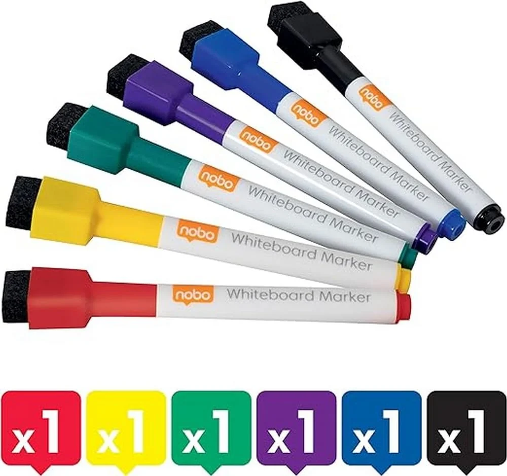 Nobo 1903792 - Mini Rotuladores Para Pizarra Blanca con Tapa de Borrador Magnética, Paquete de 6 Colores Surtidos, Punta Fina de 2mm, Negro, Azul Oscuro, Verde, Amarillo, Rojo, Violeta, No Permanentes