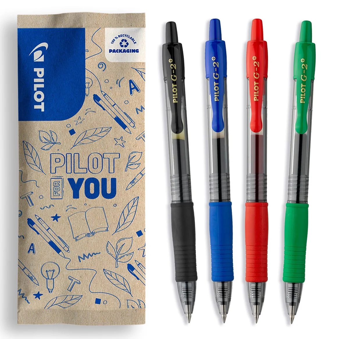 PILOT - Caja de 4 G2 Plus - Bolígrafos Roller de Tinta de Gel - Retráctiles y Recargables - Negro, Azul, Rojo, Verde - Punta Media