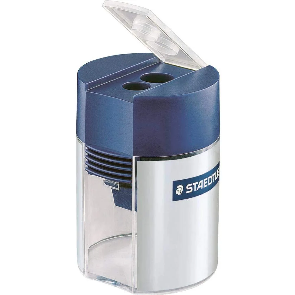 STAEDTLER 512 001 - Sacapuntas (doble agujero, diámetro máximo de 10,2 mm, contenedor transparente), color azul y transparente