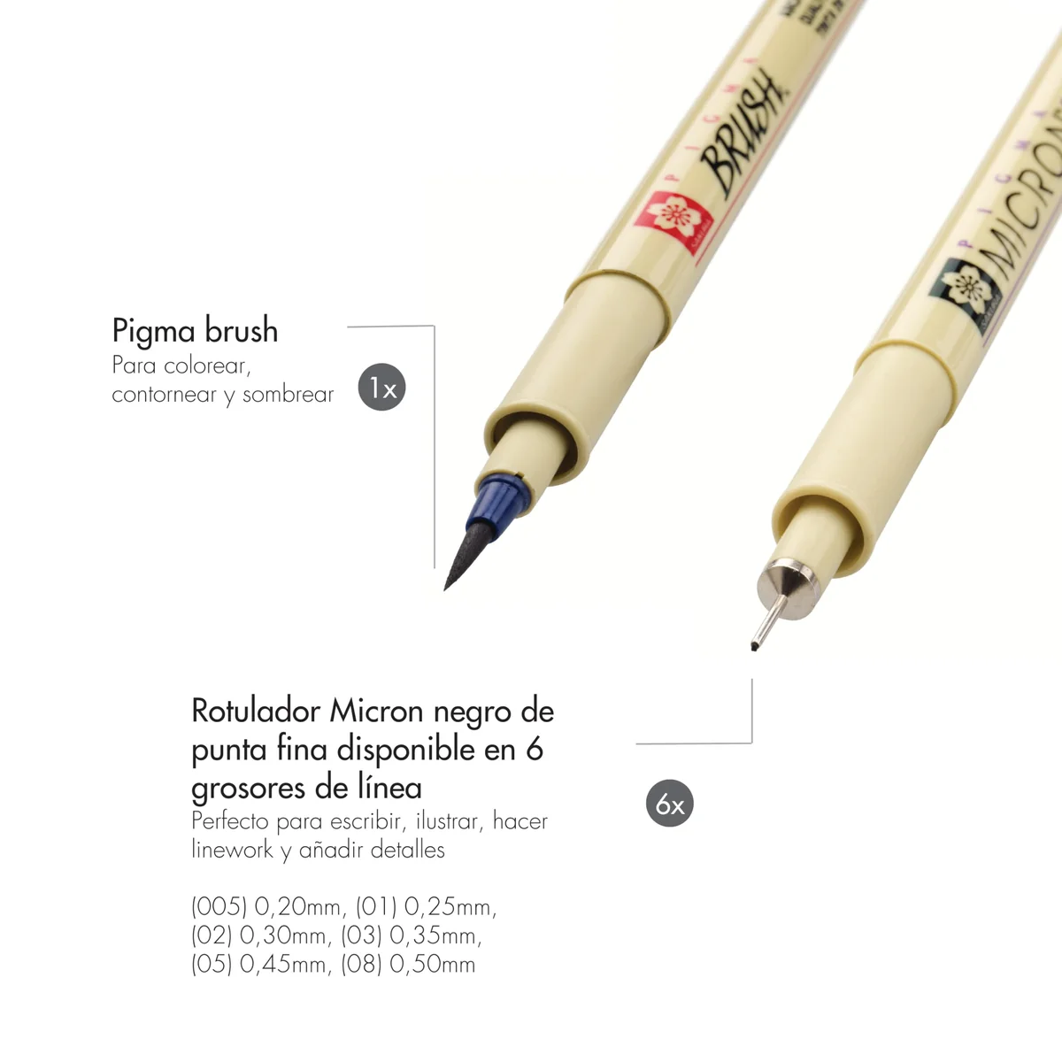 SAKURA Pigma Micron Rotulador Set de 6 + Pincel | Tinta permanente resistente al agua| Rotuladores para escribir, dibujar y llevar un diario